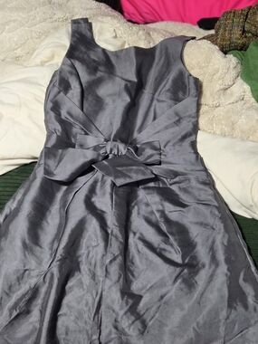 kate spade One-Shoulder Gray Satin Fit-and-Flare Dress with Waist Bow
